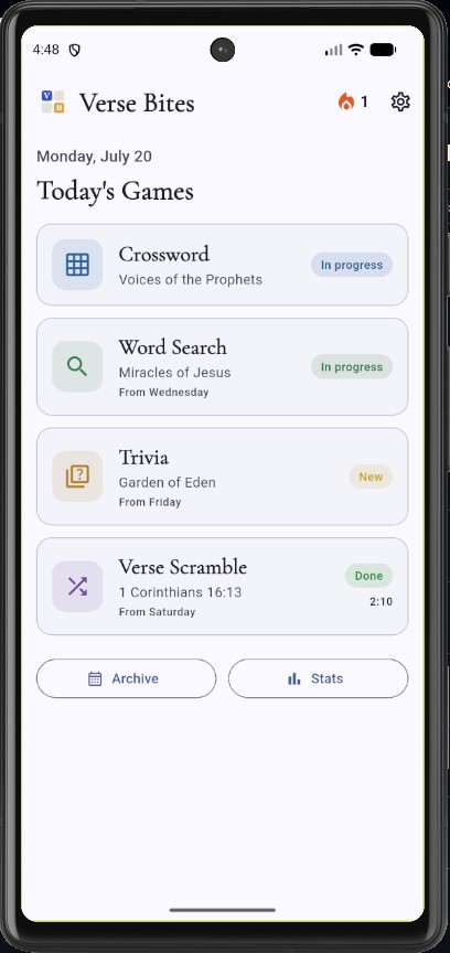 Verse Bites home screen showing today's four games